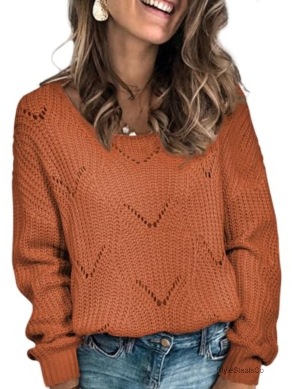 Dokotoo Boat Neck Hollow Out Crochet Knit Sweater Fall Pullover